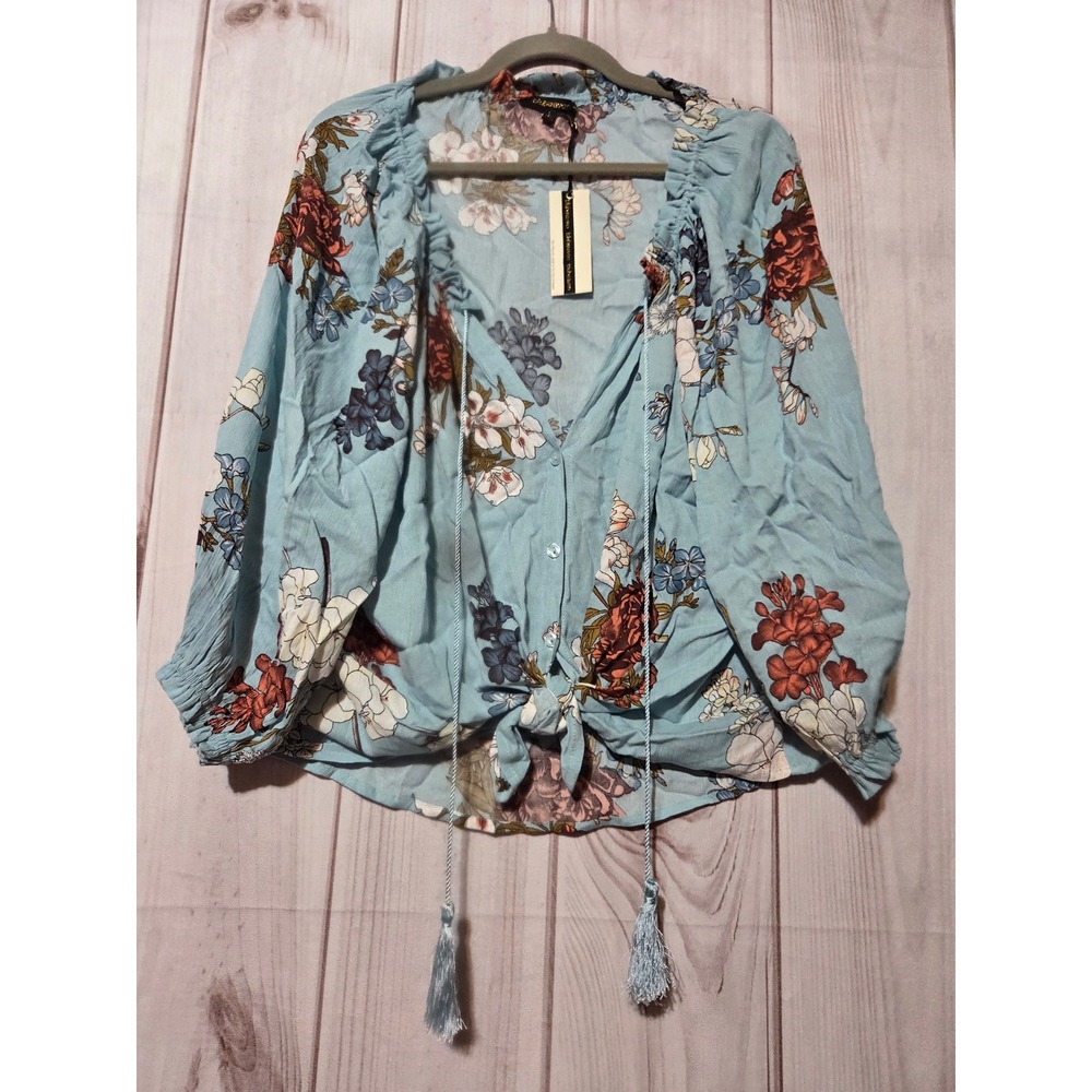 Blu Heaven Blue Floral Tie Front Tassel V-Neck Blouse Womens L Boho Cottage